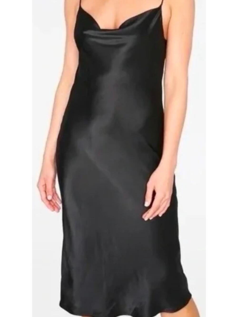 Womens Y2K Midi LBD Black Slip Dress Size Large Cowl Neck Slinky Sincerely Jules